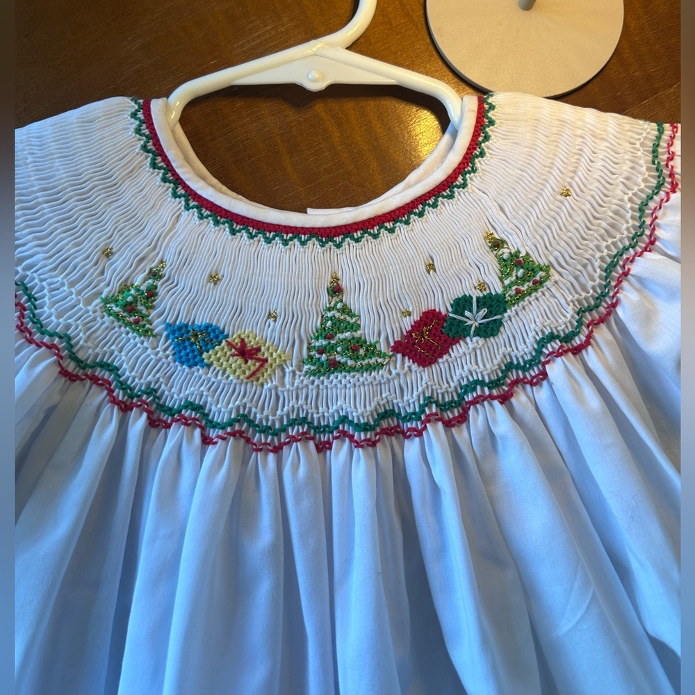Girls White Smocked Dress with Holiday Embroidery